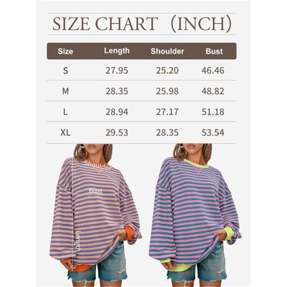 Women's‎ Striped Oversized Sweatshirt, Crewneck Long Sleeve Casual Pullover Y2K - Picture 6 of 7